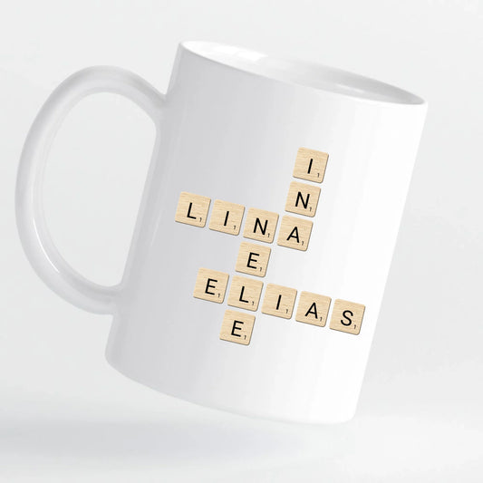 Tasse - Unsere Familie das Kreuzworträtsel im Scrabble-Design - personalisierbar