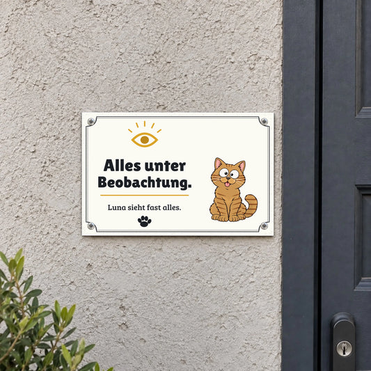 Metallschild „Alles unter Beobachtung“ an der Hauswand, 30 x 20 cm