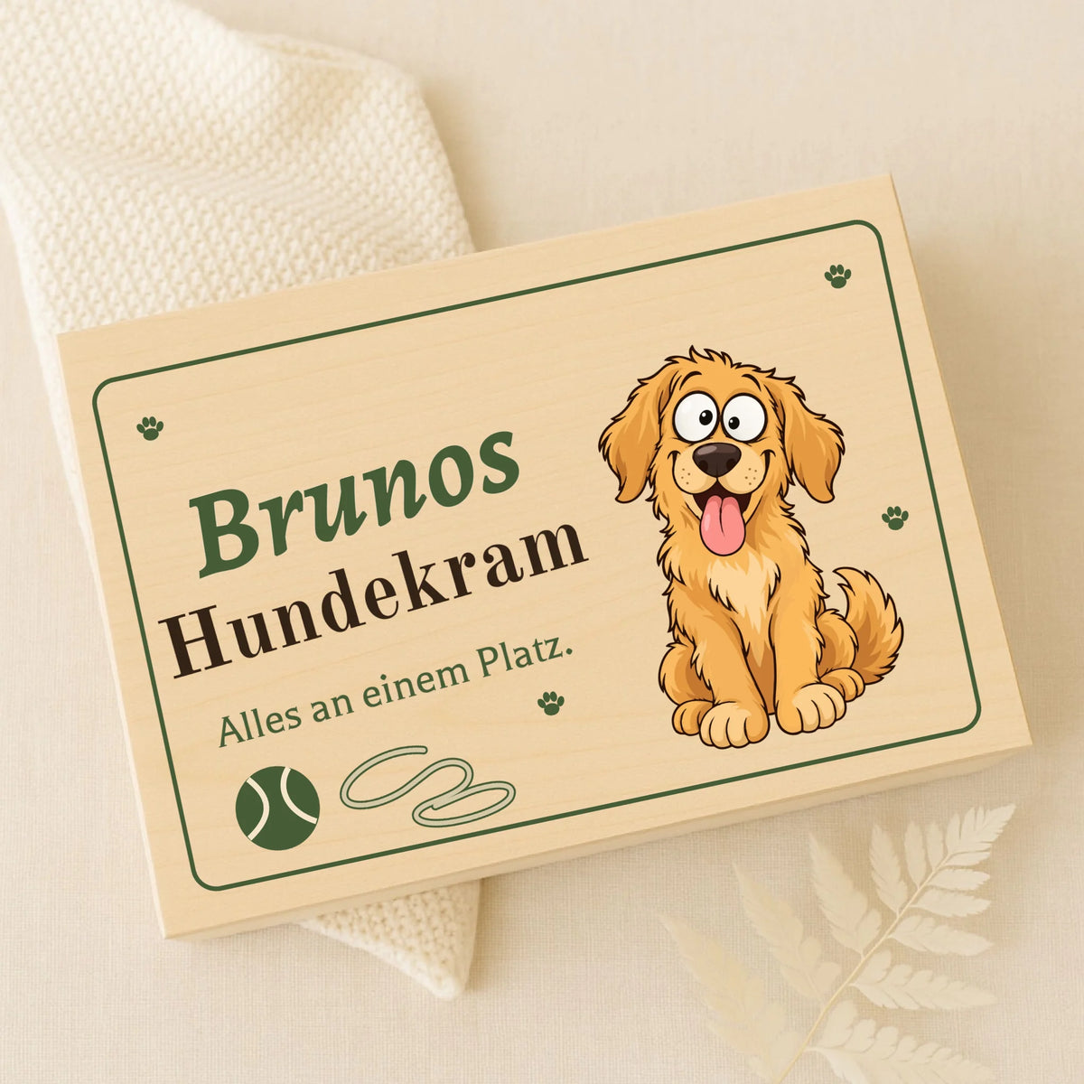 Holzkiste „Hundekram“ mit bedrucktem Deckel, Ansicht von oben, 30 x 20 cm