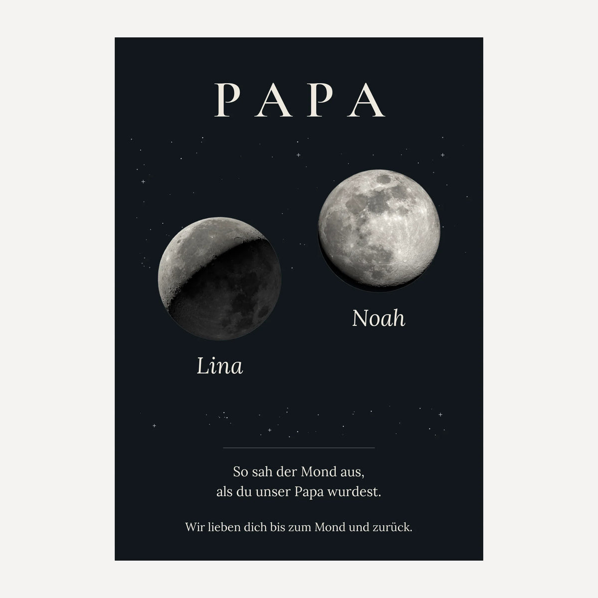 Personalisiertes Papa-Mondphasen-Poster mit zwei Kindernamen, DIN A2, ohne Rahmen