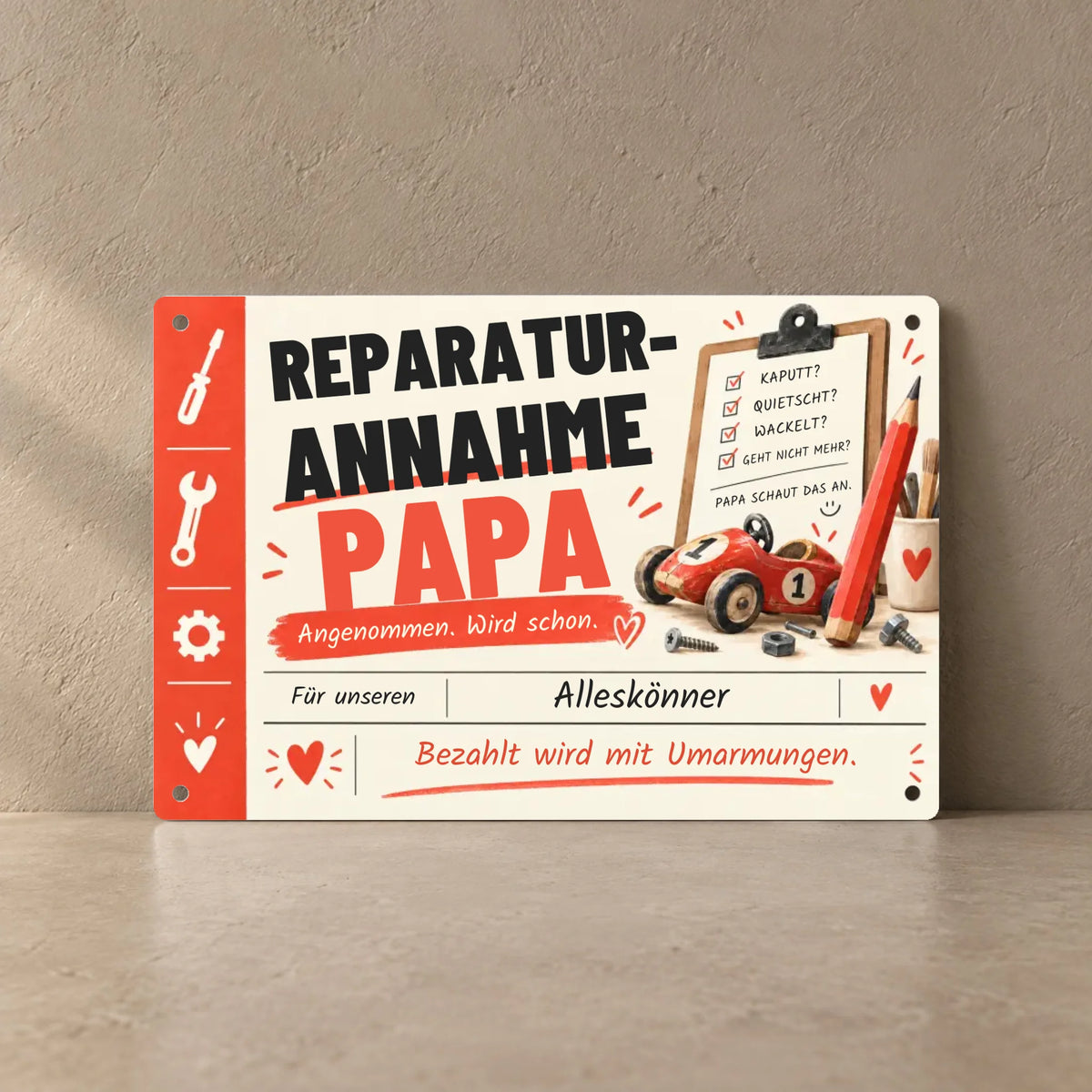 Personalisiertes Metallschild „Papas Werkstatt“ mit Reparaturannahme-Motiv und Werkzeug-Illustrationen in der Produktansicht