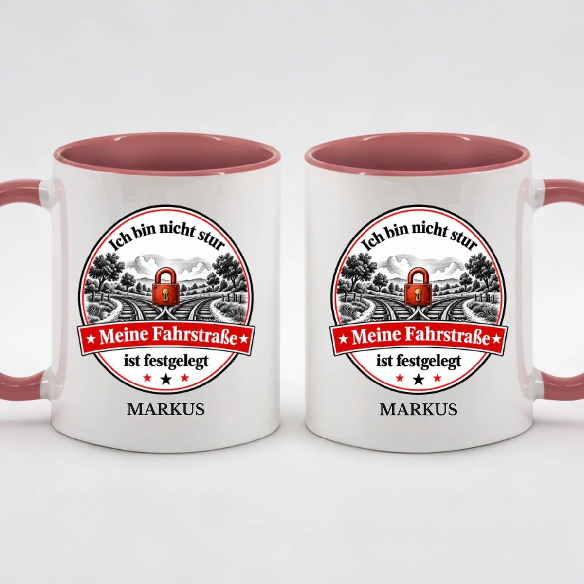 Two-Tone-Tasse „Meine Fahrstraße ist festgelegt“ in Altrosa mit Name