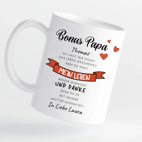Tasse - Bonus Papa mit süßem Spruch - personalisierbar