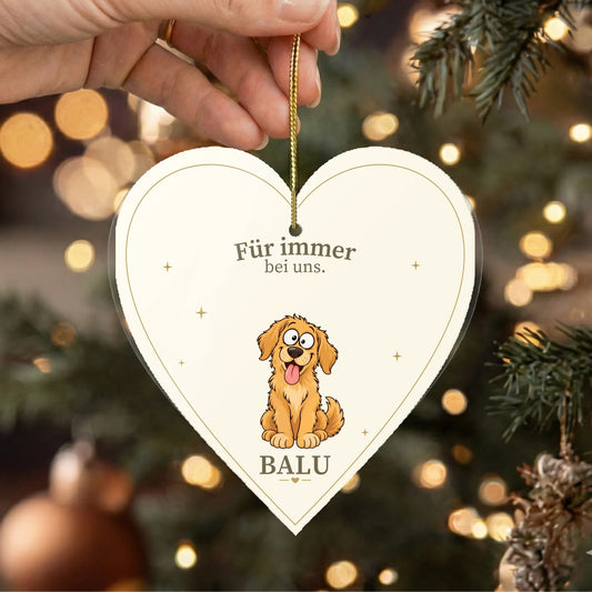 Personalisierter Christbaumschmuck in Herzform „Für immer bei uns.“ mit Golden Retriever und Namen