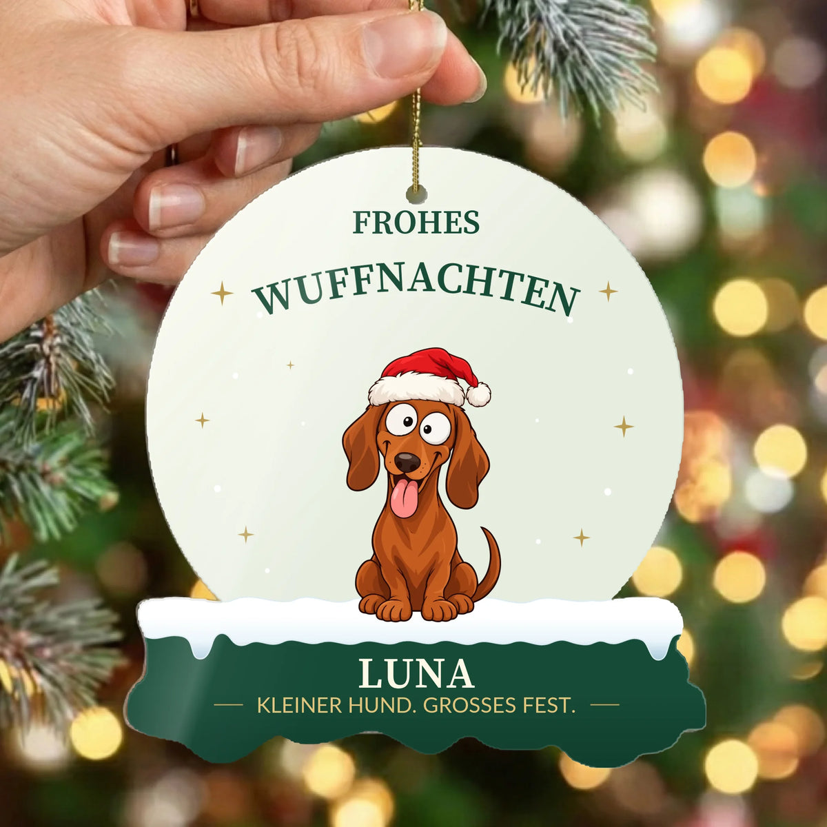 Personalisierter Christbaumschmuck „Frohes Wuffnachten“ mit Dackel, Weihnachtsmütze und Namen