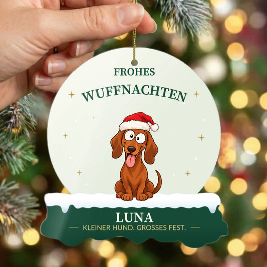 Personalisierter Christbaumschmuck „Frohes Wuffnachten“ mit Dackel, Weihnachtsmütze und Namen