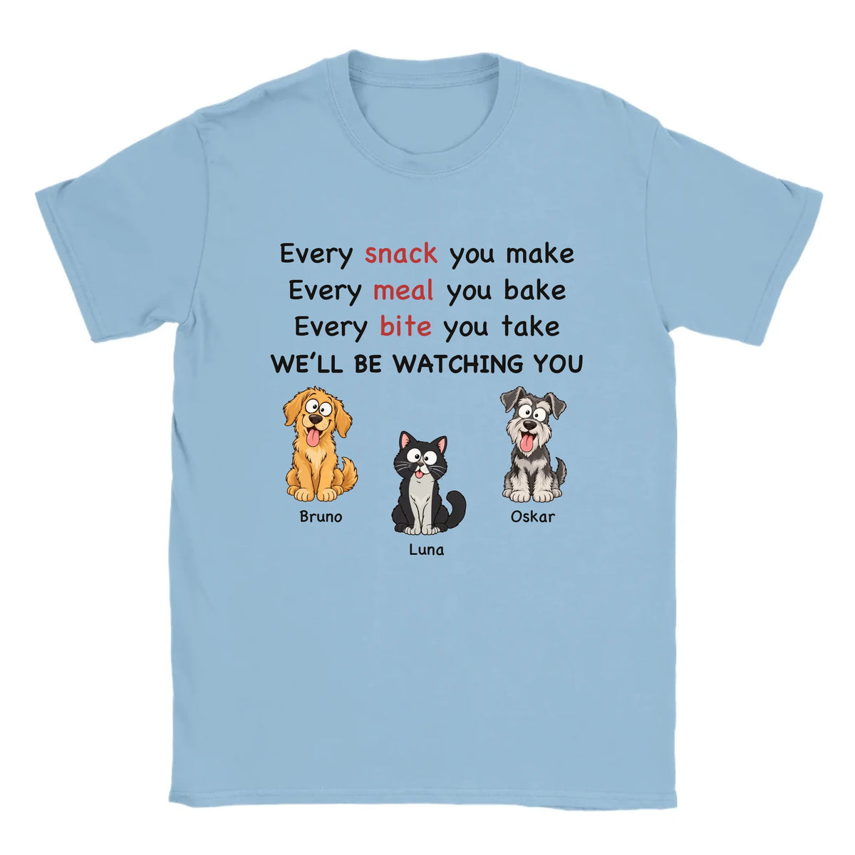 Personalisierbares T-Shirt „Every Snack“ mit Haustieren und Namen in Hellblau
