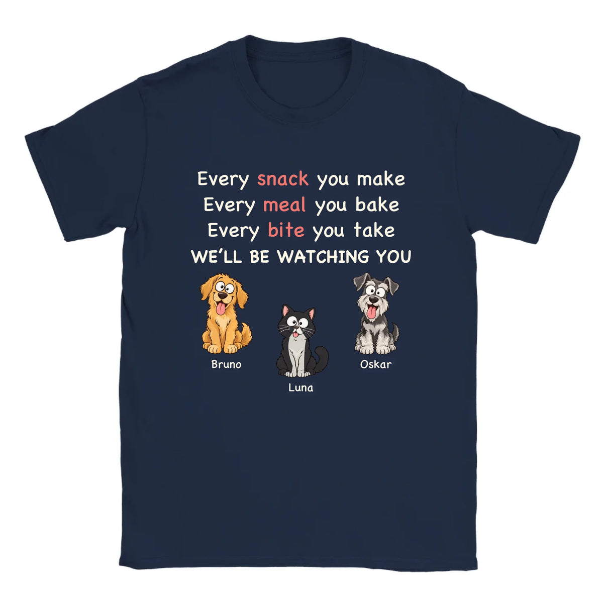 Personalisierbares T-Shirt „Every Snack“ mit Haustieren und Namen in Dunkelblau
