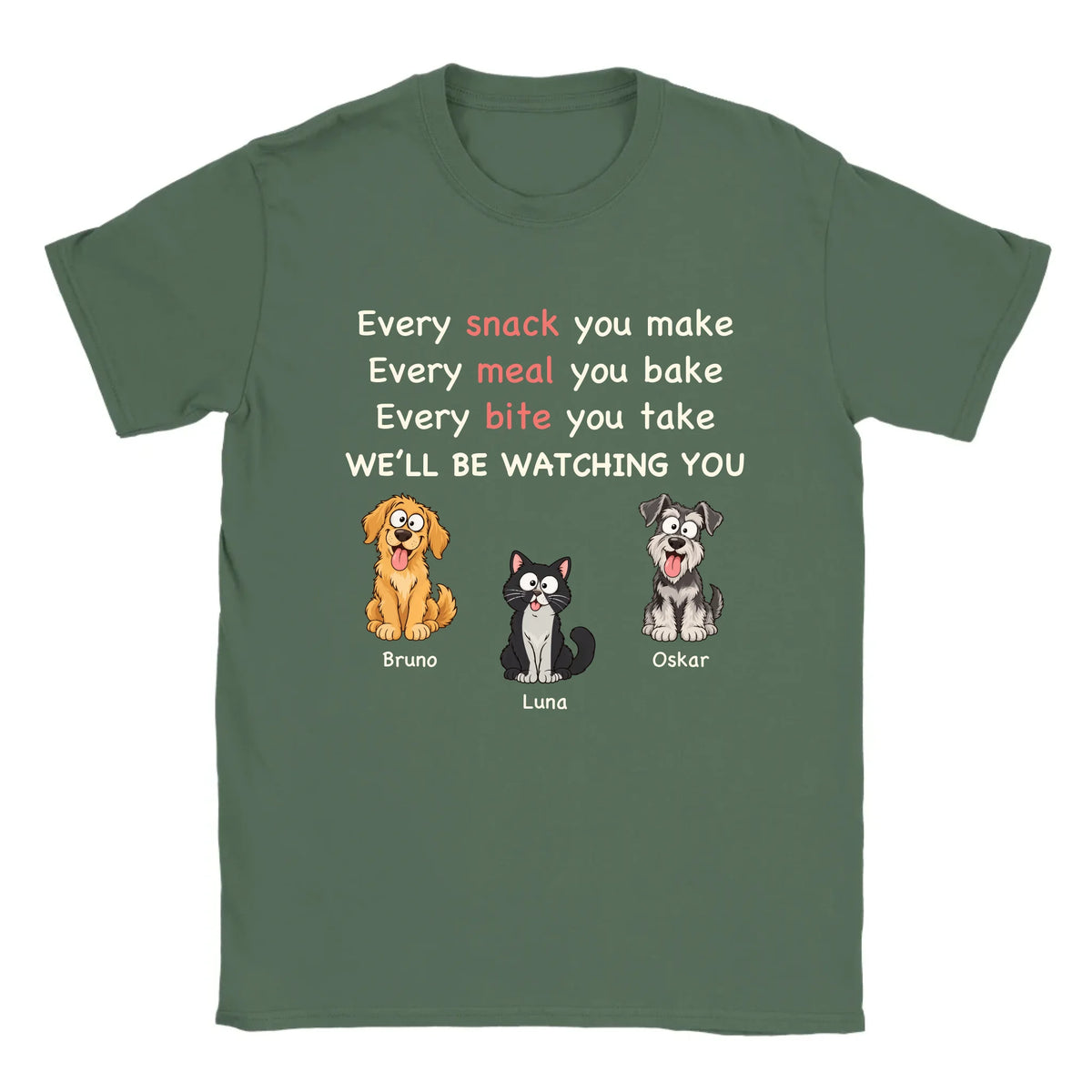 Personalisierbares T-Shirt „Every Snack“ mit Haustieren und Namen in Olivgrün