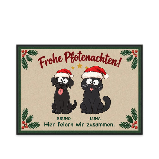 Weihnachts-Fußmatte „Frohe Pfotenachten“ mit Hund und Katze als Comic-Motiv, 70 x 50 cm