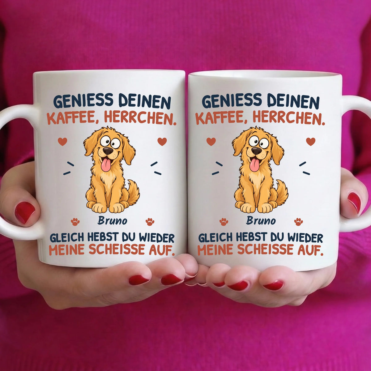 Personalisierbare Tasse „Genieß deinen Kaffee, Herrchen“ mit Hund und Namen – Motiv auf beiden Seiten