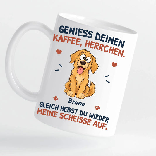 Genieß deinen Kaffee – aktualisierte Konzeptgestaltung auf weißer Tasse