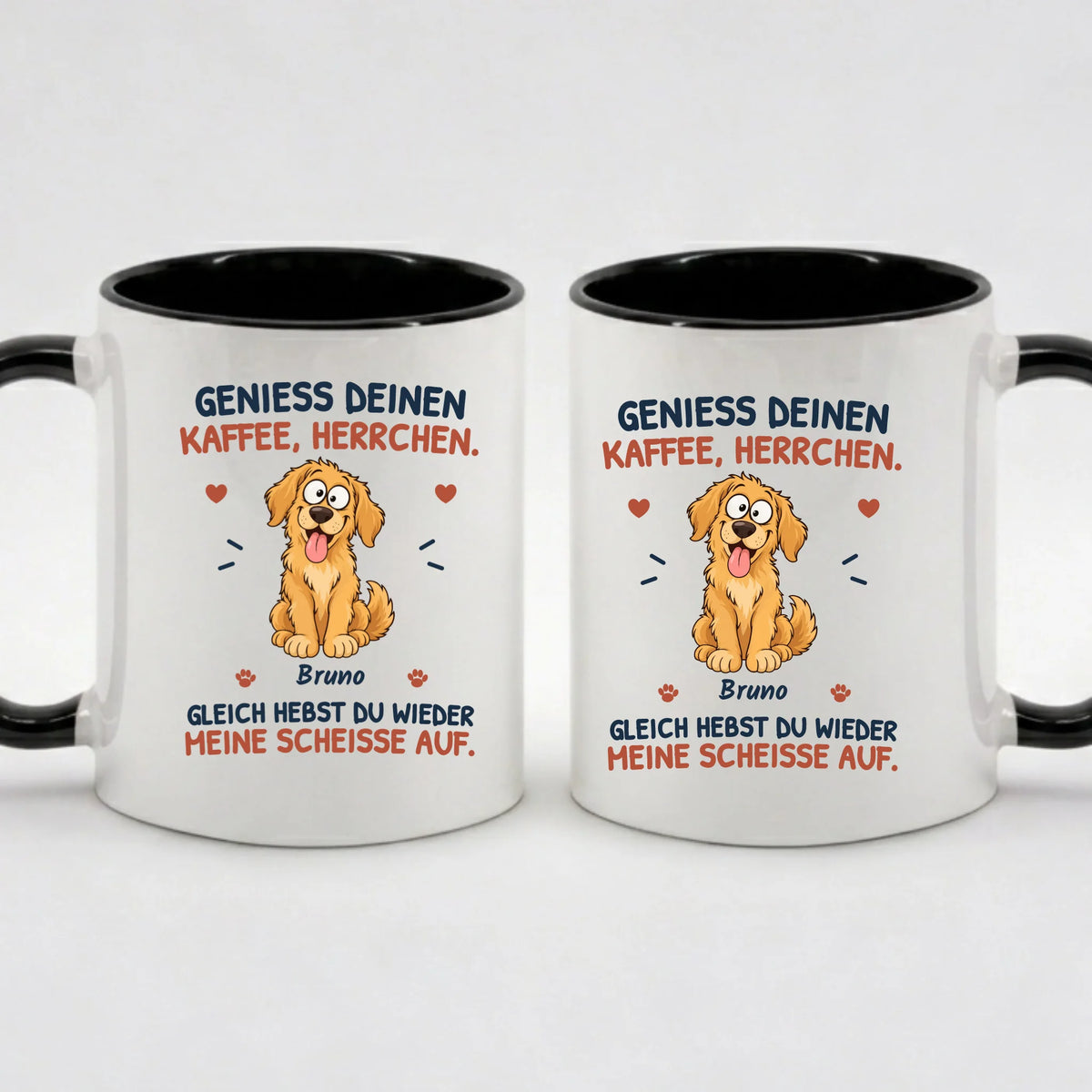 Two-Tone-Tasse „Genieß deinen Kaffee, Herrchen“ in Schwarz – Motiv auf beiden Seiten