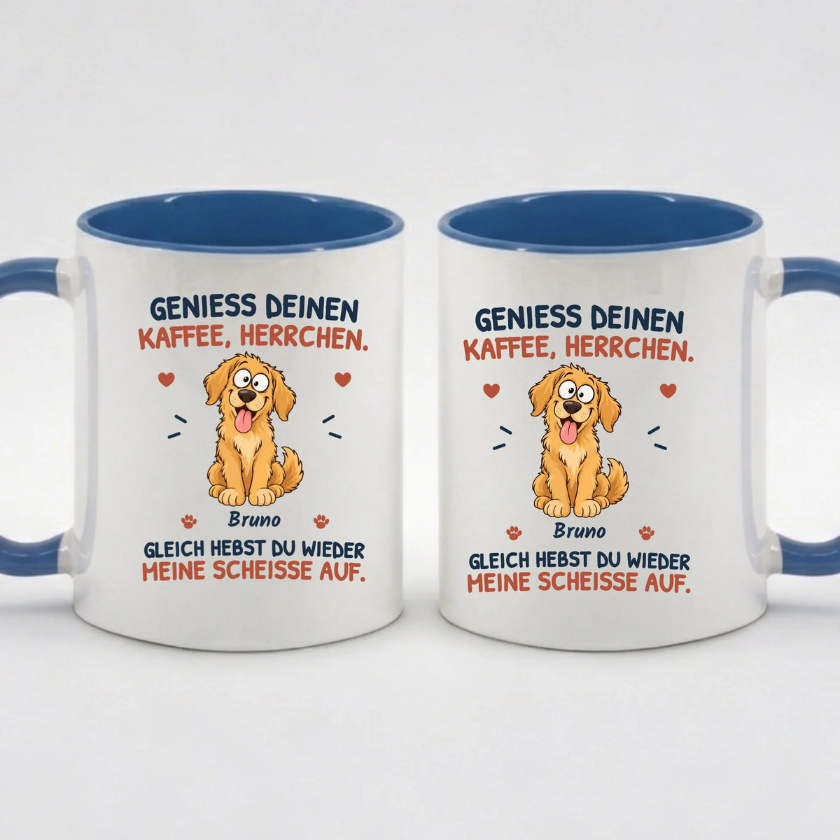 Two-Tone-Tasse „Genieß deinen Kaffee, Herrchen“ in Blau – Motiv auf beiden Seiten