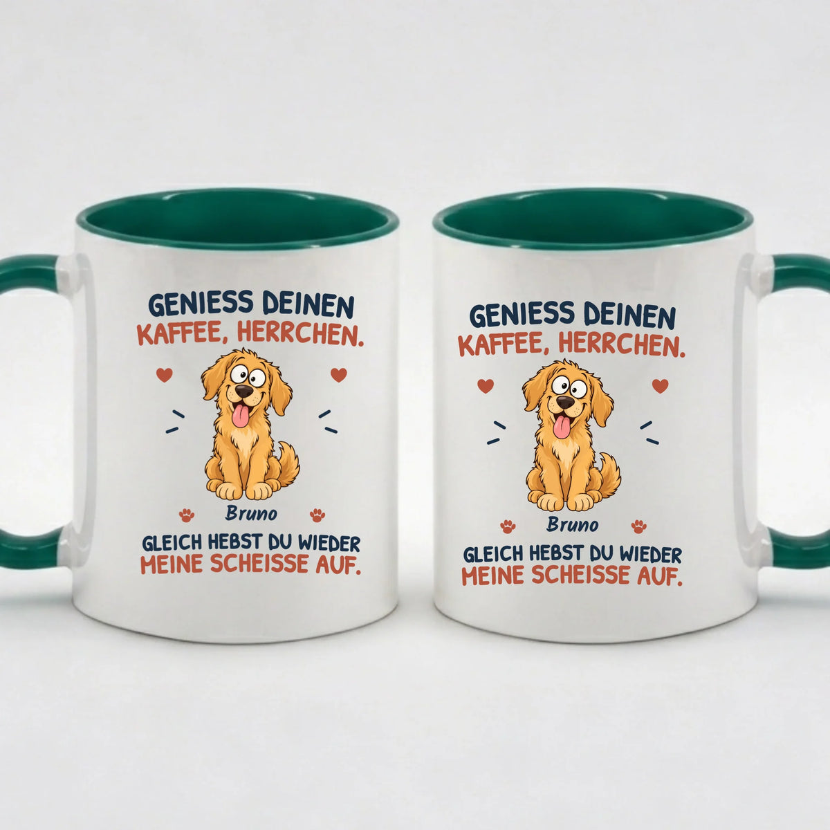 Two-Tone-Tasse „Genieß deinen Kaffee, Herrchen“ in Grün – Motiv auf beiden Seiten