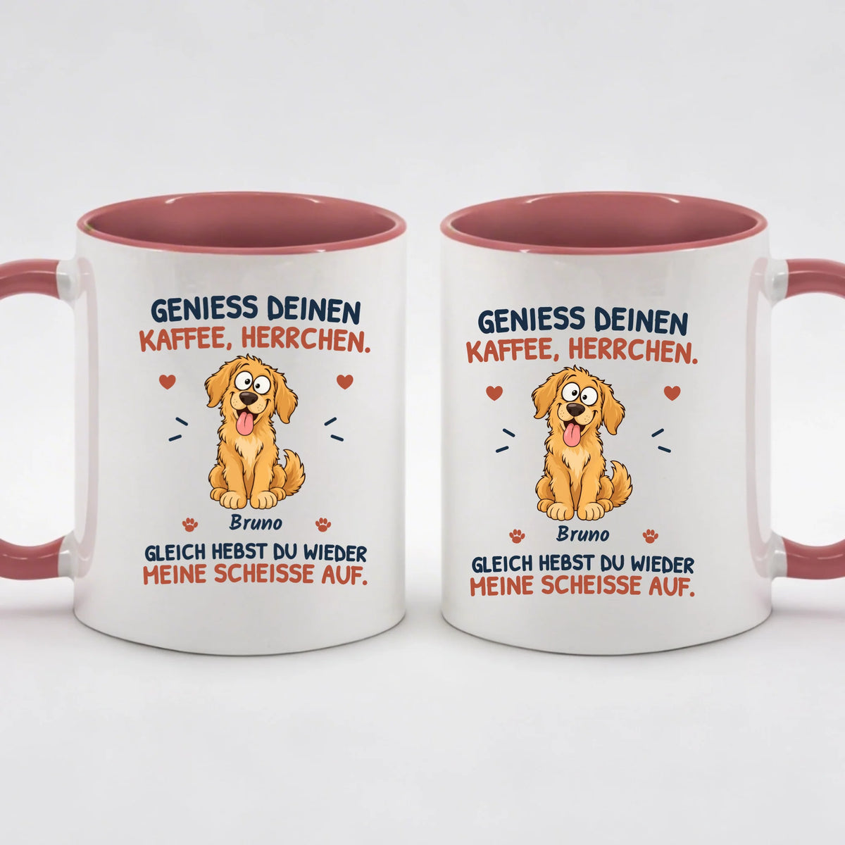 Two-Tone-Tasse „Genieß deinen Kaffee, Herrchen“ in Altrosa – Motiv auf beiden Seiten