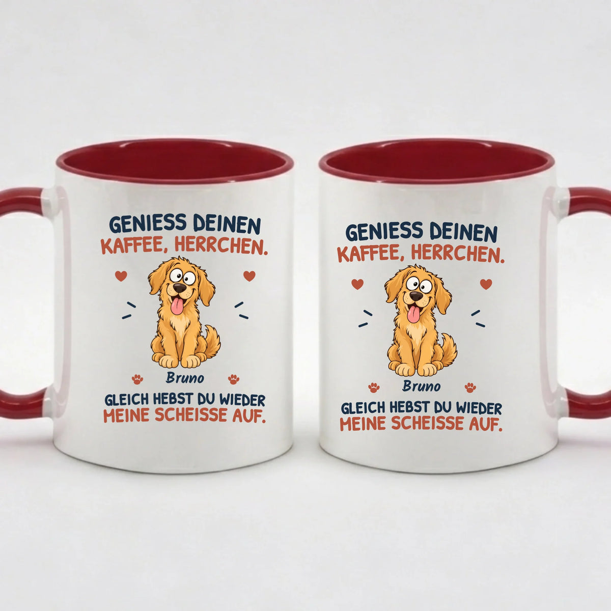 Two-Tone-Tasse „Genieß deinen Kaffee, Herrchen“ in Rot – Motiv auf beiden Seiten