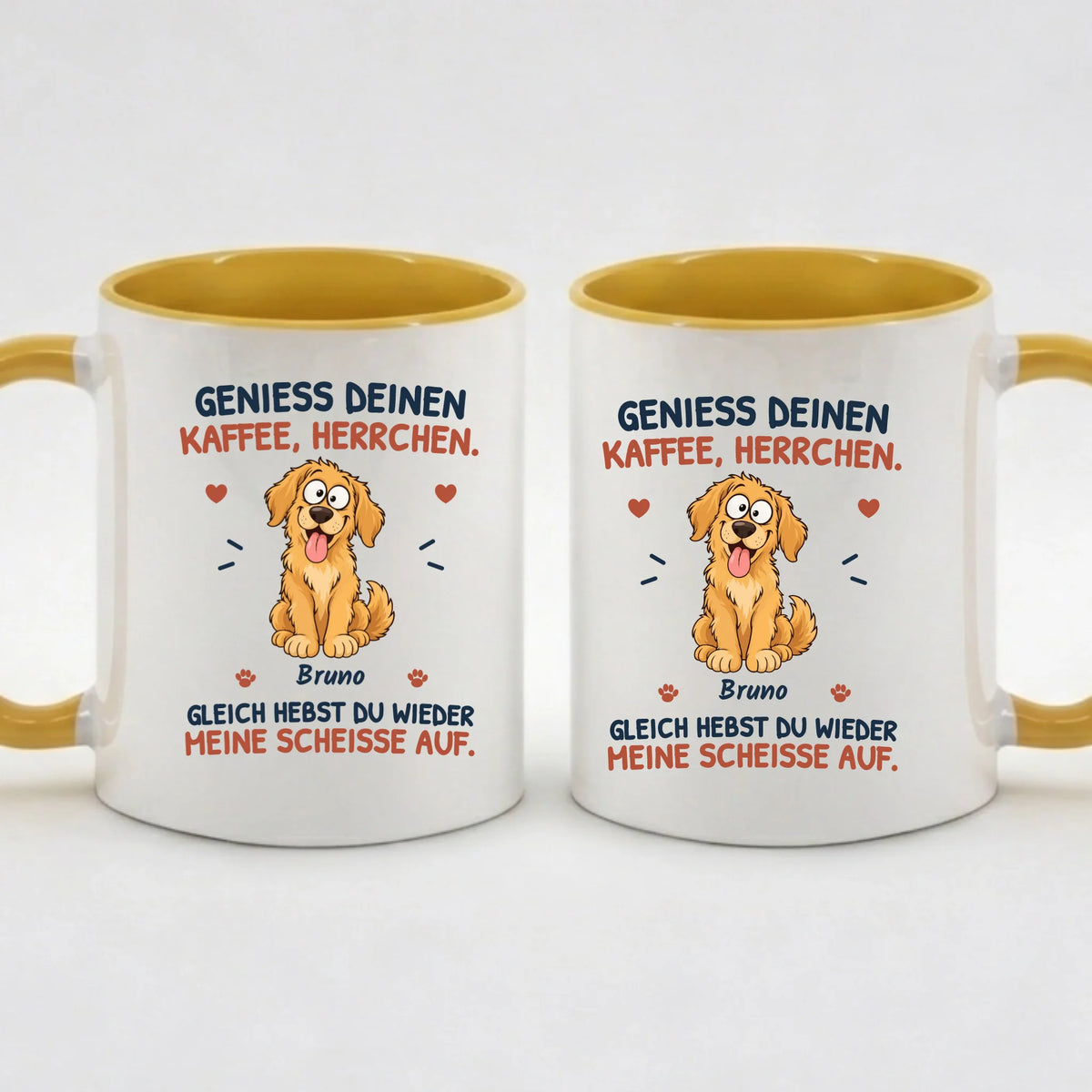 Two-Tone-Tasse „Genieß deinen Kaffee, Herrchen“ in Gelb – Motiv auf beiden Seiten