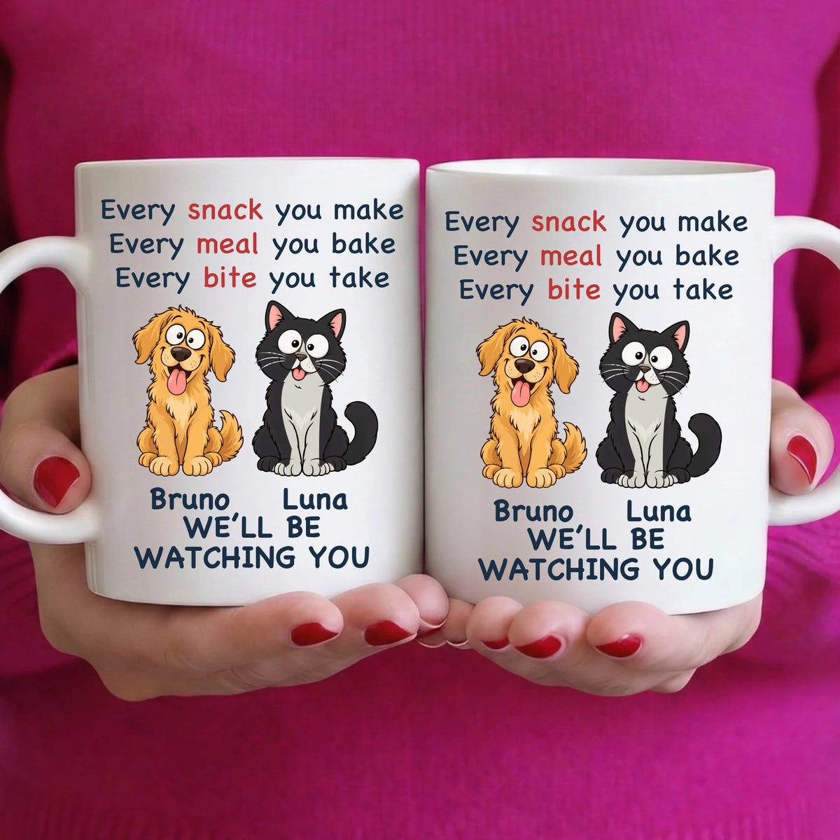 Personalisierbare Tasse „Every Snack“ mit Hund, Katze und Namen – Motiv auf beiden Seiten