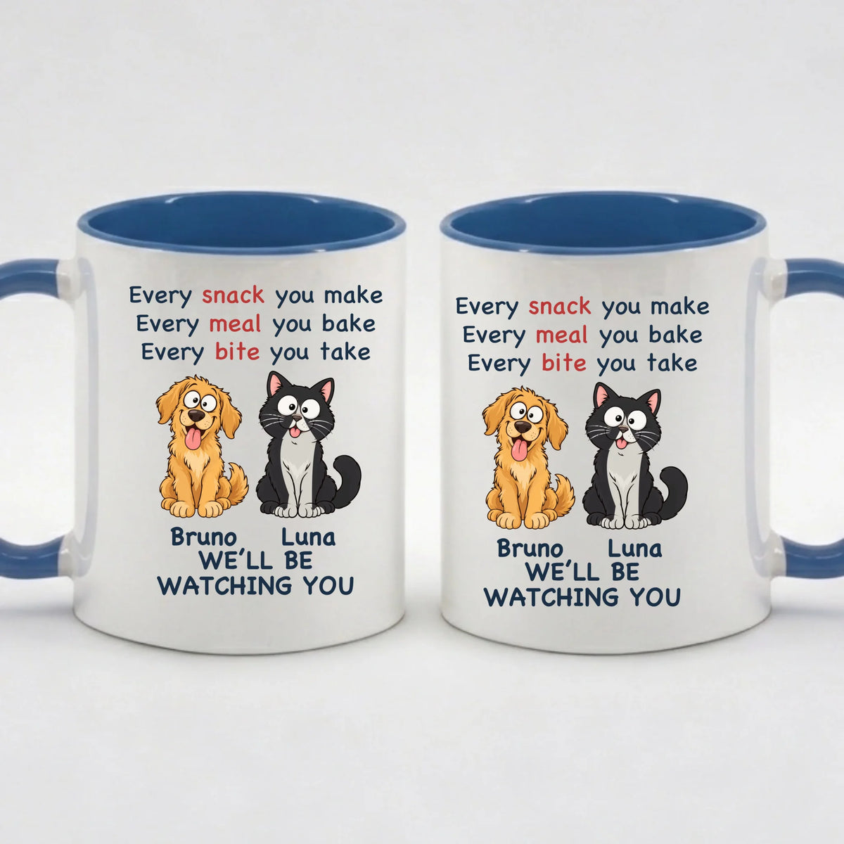 Two-Tone-Tasse „Every Snack“ in Blau – Motiv auf beiden Seiten