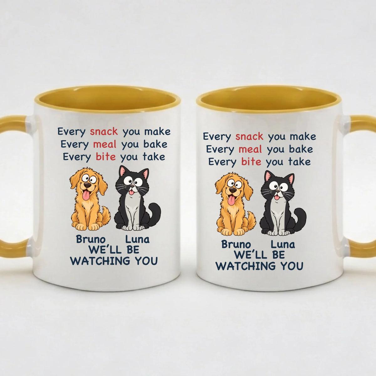 Two-Tone-Tasse „Every Snack“ in Gelb – Motiv auf beiden Seiten