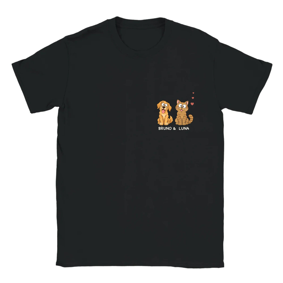 Personalisierbares T-Shirt „Meine Haustiere am Herzen“ in Schwarz mit Hund, Katze und Namen auf der Brust
