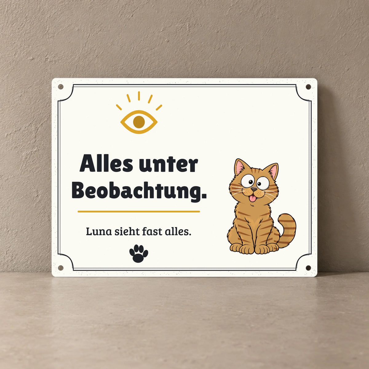 Personalisierbares Metallschild „Alles unter Beobachtung“ mit Katze und Namen, 20 x 15 cm