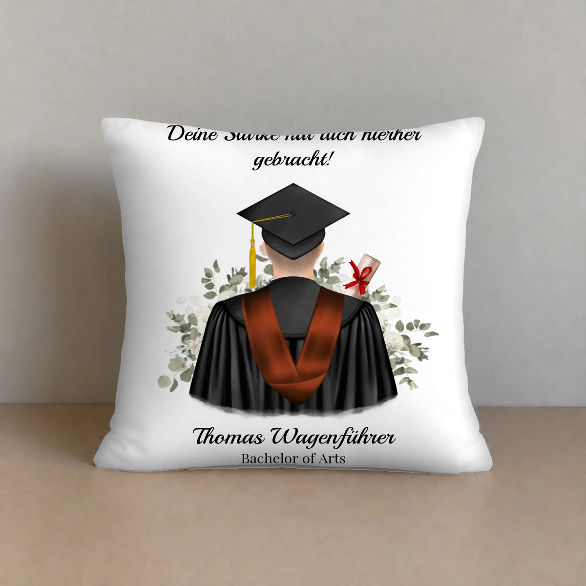 Baumwollkissen 40 × 40 cm – Absolvent mit Abschlussrobe, Namen und Abschluss