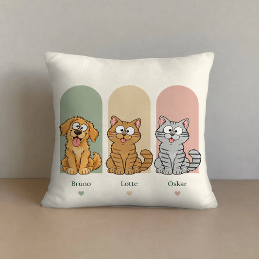 Personalisierbares Premium-Kissen „Meine Tiere unter bunten Bögen“ mit Hund, zwei Katzen und Namen, 40 x 40 cm