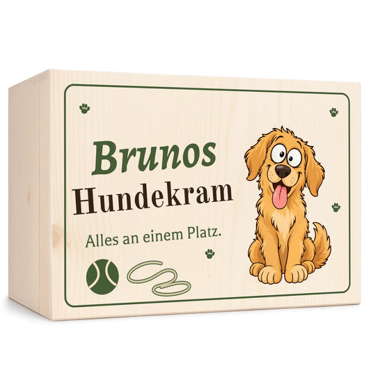 Personalisierbare Holzkiste „Hundekram“ mit Hund und Namen, 30 x 20 cm