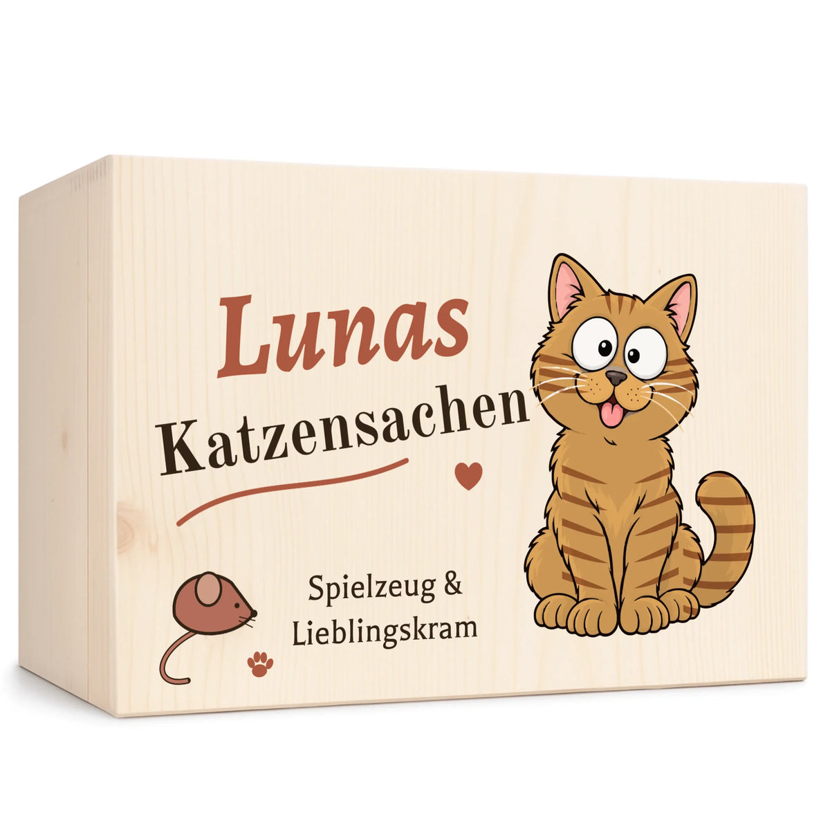 Personalisierbare Holzkiste „Katzensachen“ mit Katze und Namen, 30 x 20 cm