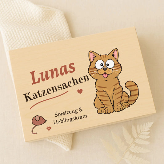Holzkiste „Katzensachen“ mit bedrucktem Deckel, Ansicht von oben, 30 x 20 cm