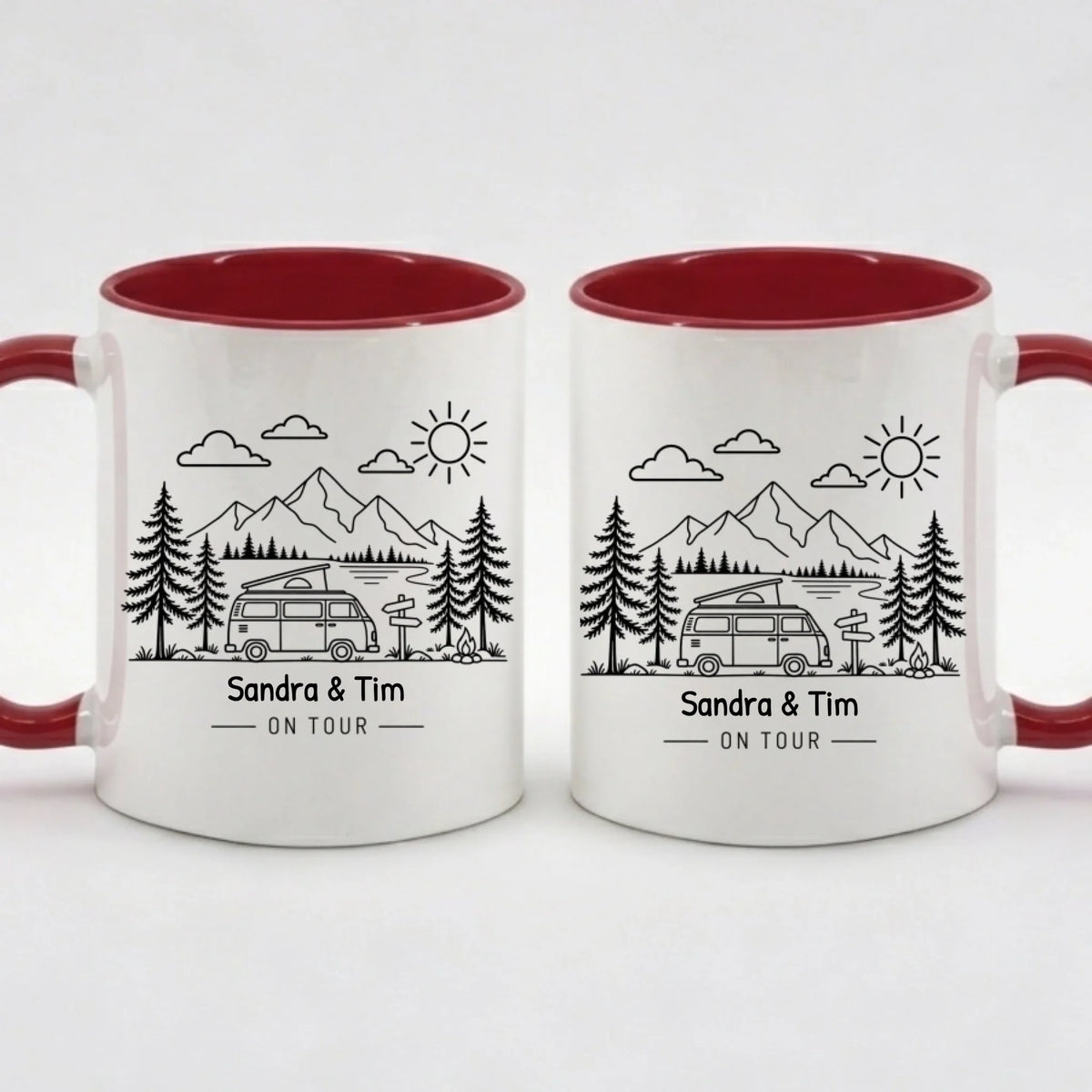 Two-Tone-Tasse „Camping-Freude“ mit Campingbus-Motiv und Namen in Rot