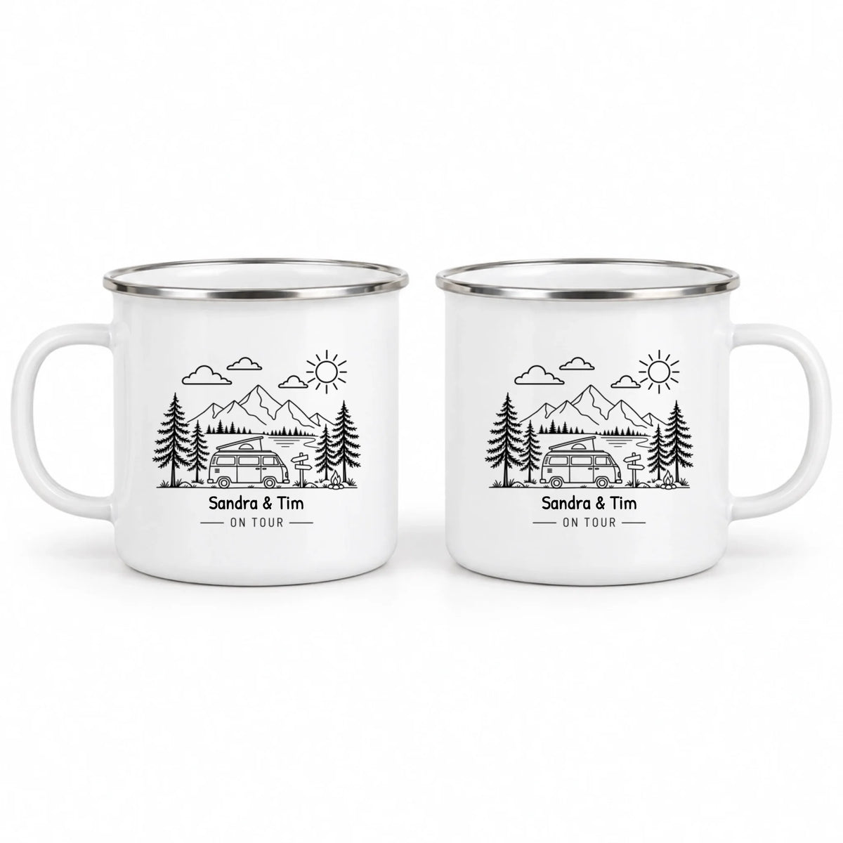 Emaille-Tasse „Camping-Freude“ mit Edelstahlrand und Campingbus-Motiv – Vorder- und Rückseite