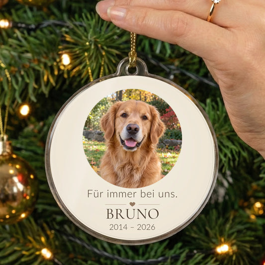 Personalisierbarer Christbaumschmuck „Für immer bei uns.“ aus Acryl mit Tierfoto, Name und Lebensdaten am Weihnachtsbaum