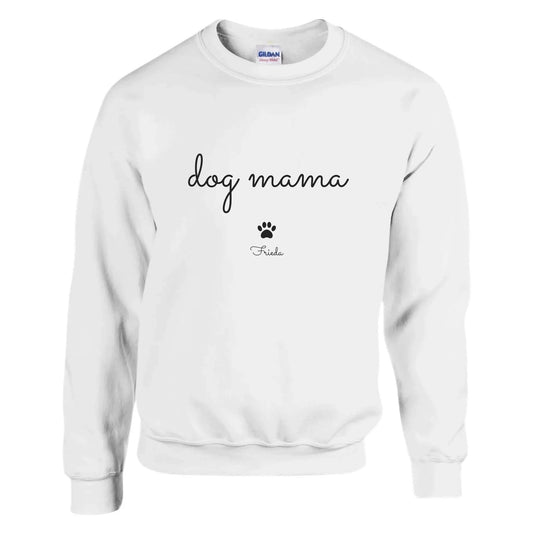 Unisex-Pullover in weiß, Vorderansicht mit personalisiertem dog-mama-Motiv und Hundename