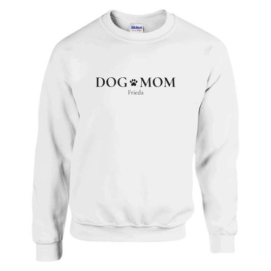Unisex-Pullover in weiß, Vorderansicht mit personalisiertem DOG-MOM-Motiv und Hundename