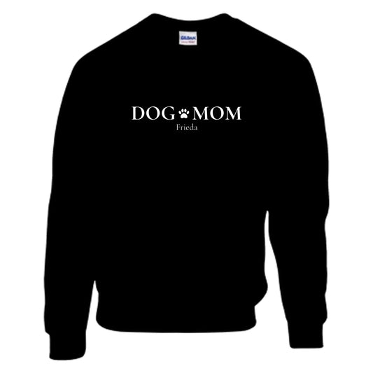 Unisex-Pullover in schwarz, Vorderansicht mit personalisiertem DOG-MOM-Motiv und Hundename