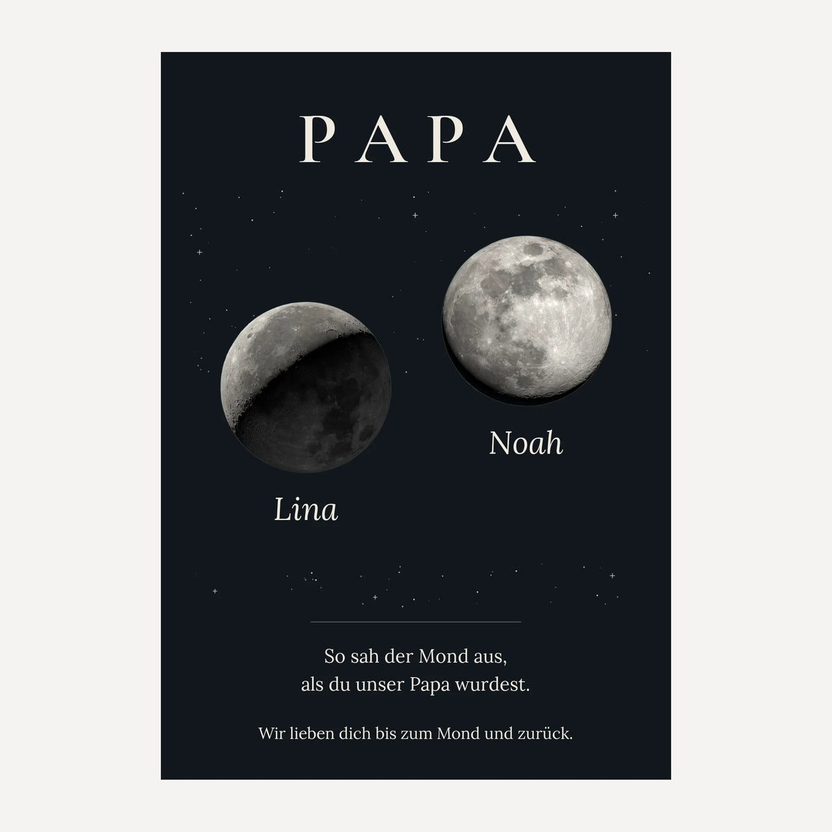 Personalisiertes Papa-Mondphasen-Poster mit zwei Kindernamen, DIN A4, ohne Rahmen