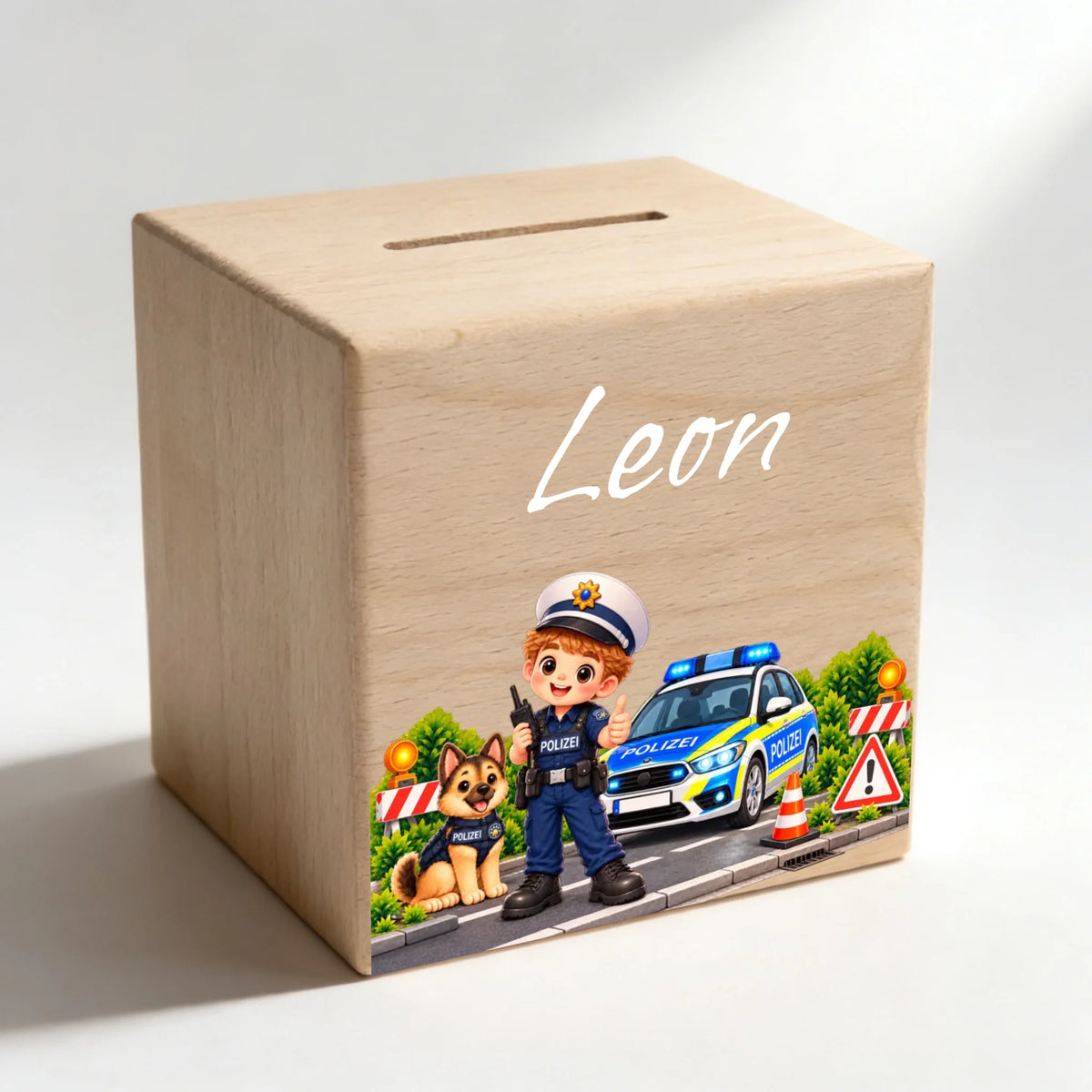 Holzspardose schräg von vorn mit Polizeimotiv und Name Leon