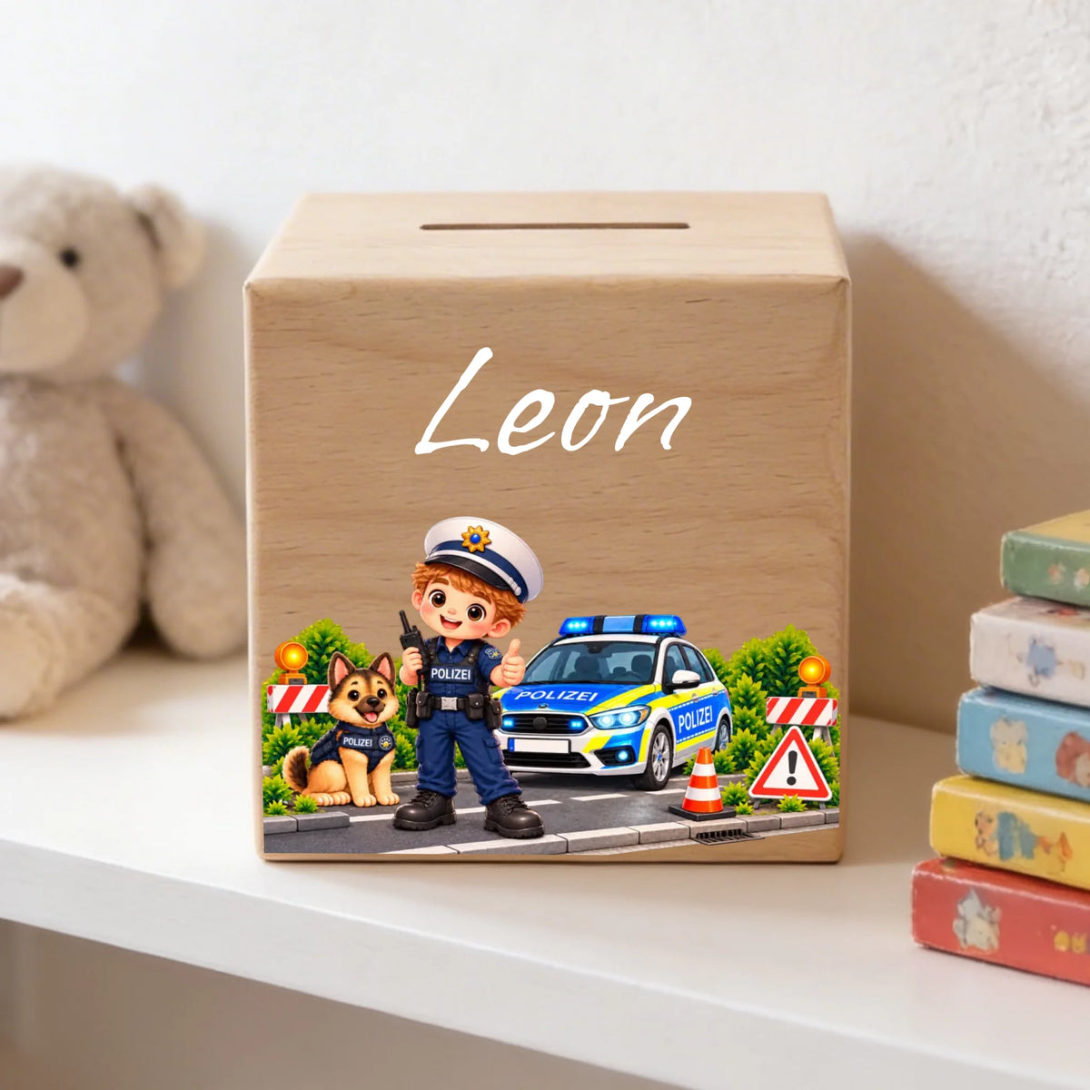 Holzspardose frontal auf einer Kommode mit Polizeimotiv und Name Leon