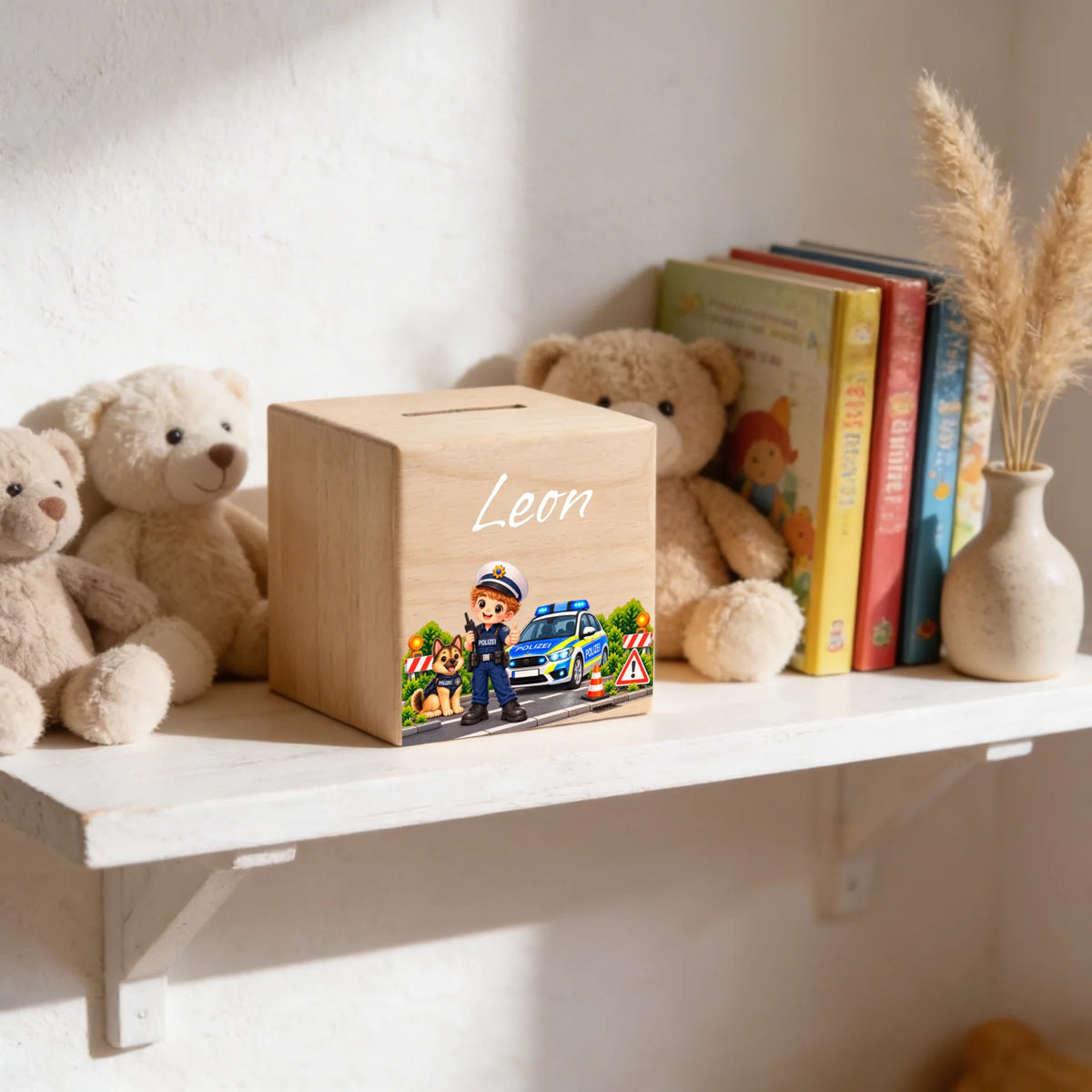 Holzspardose im Kinderzimmerregal mit Polizeimotiv und Name Leon