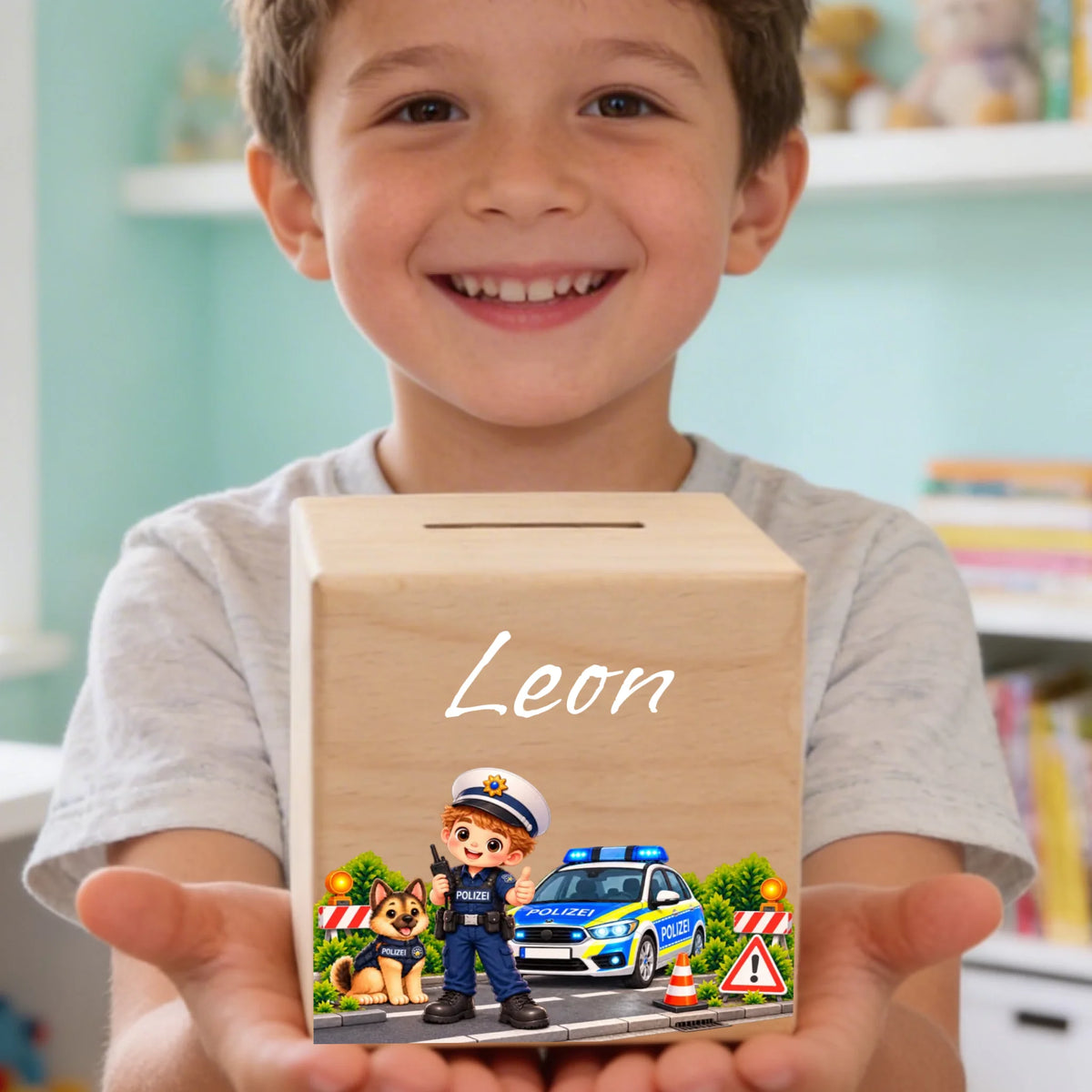 Kind hält die Holzspardose mit Polizeimotiv und Name Leon