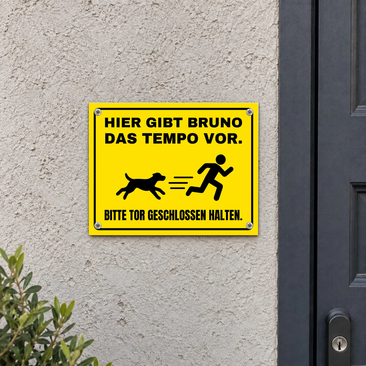 Personalisiertes gelbes Hundeschild mit Namen Bruno, Tempo-Motiv, 20 × 15 cm, an einer Hauswand