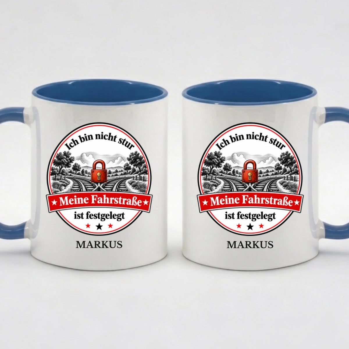 Two-Tone-Tasse „Meine Fahrstraße ist festgelegt“ in Blau mit Name