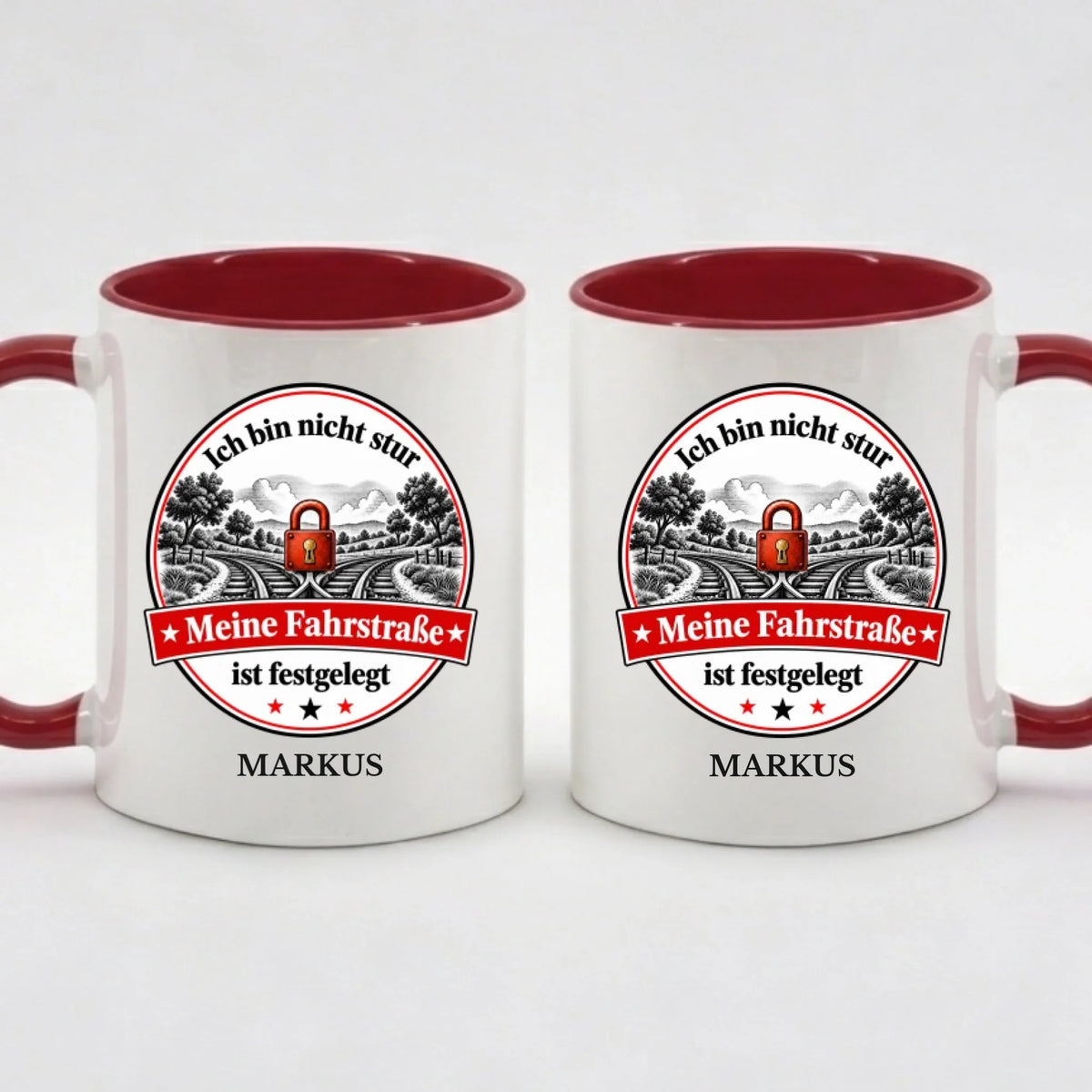 Two-Tone-Tasse „Meine Fahrstraße ist festgelegt“ in Rot mit Name