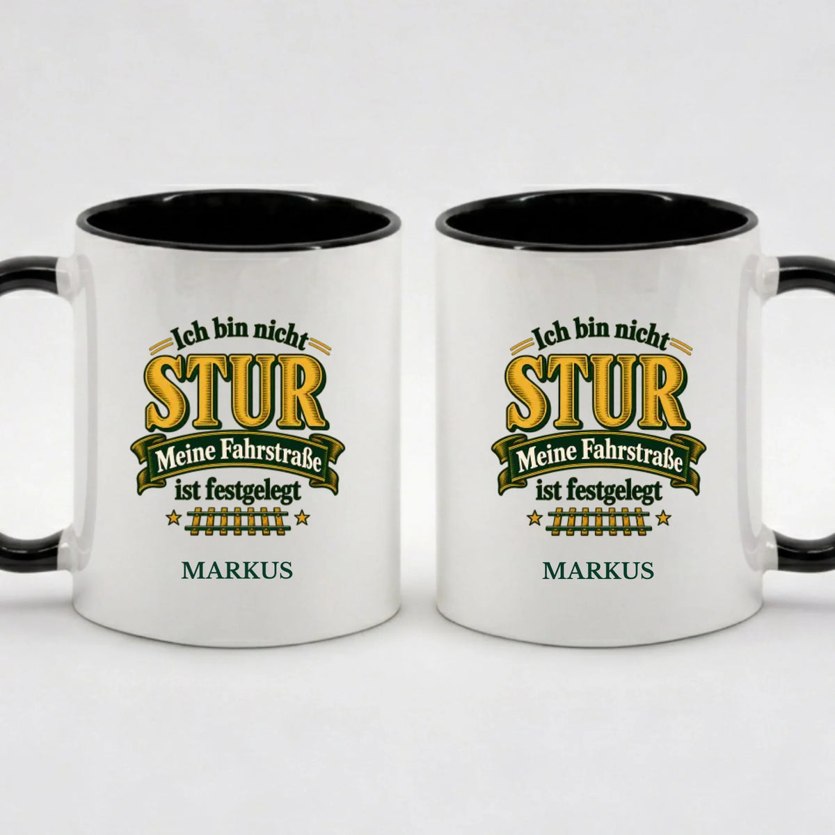 Two-Tone-Tasse „Ich bin nicht stur“ in Schwarz mit Name