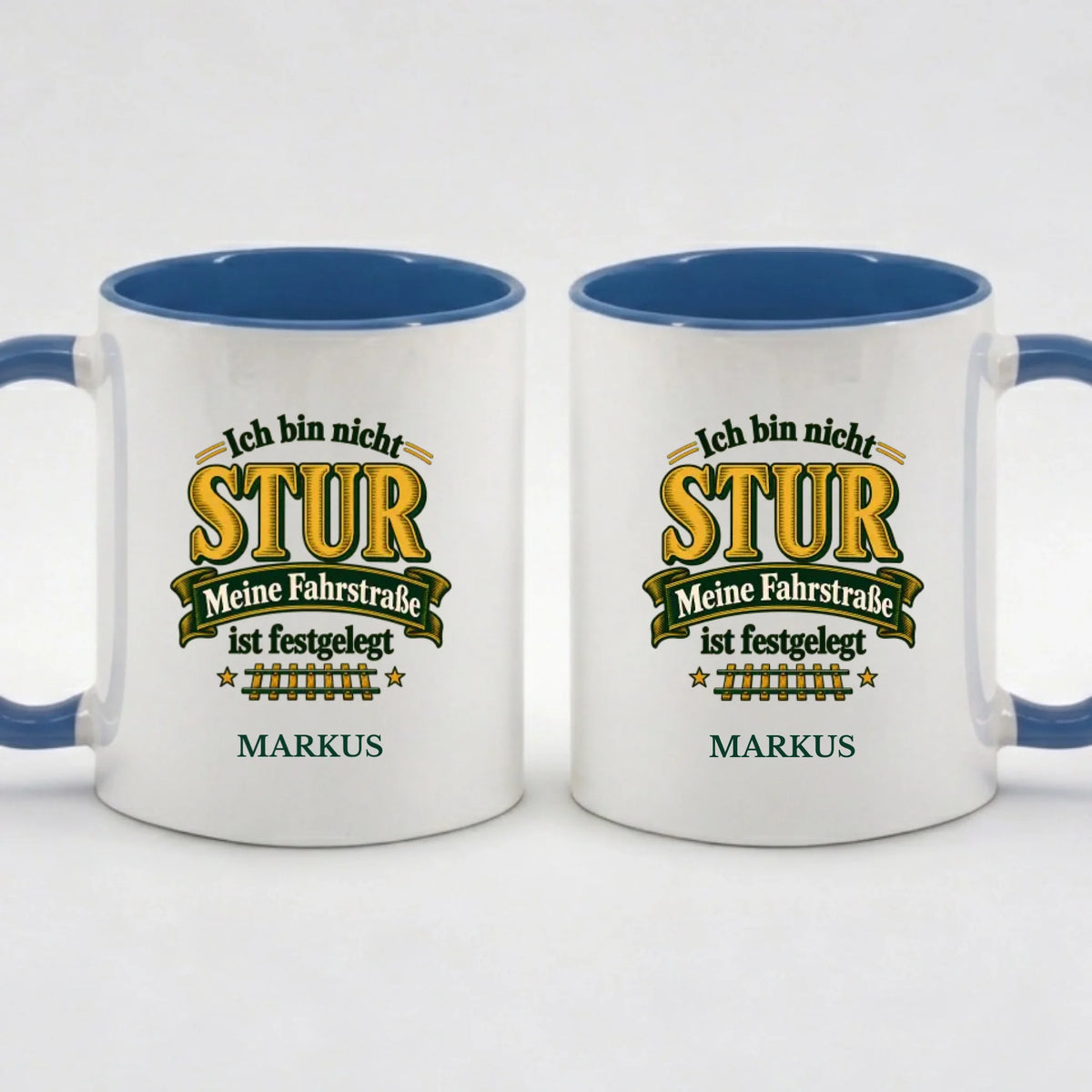 Two-Tone-Tasse „Ich bin nicht stur“ in Blau mit Name
