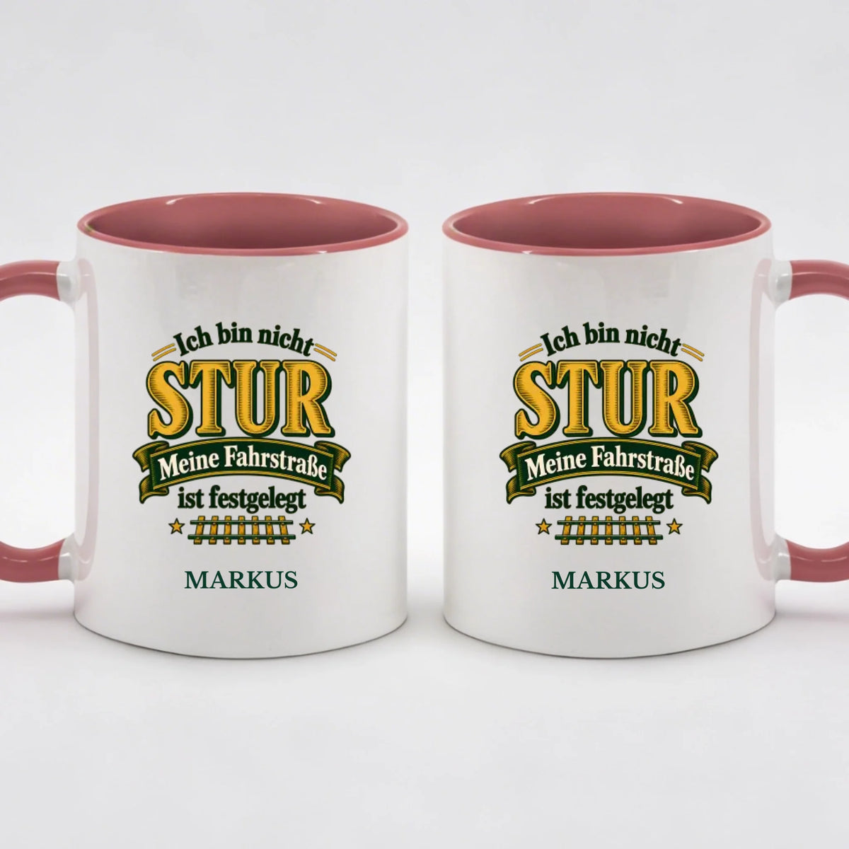 Two-Tone-Tasse „Ich bin nicht stur“ in Altrosa mit Name
