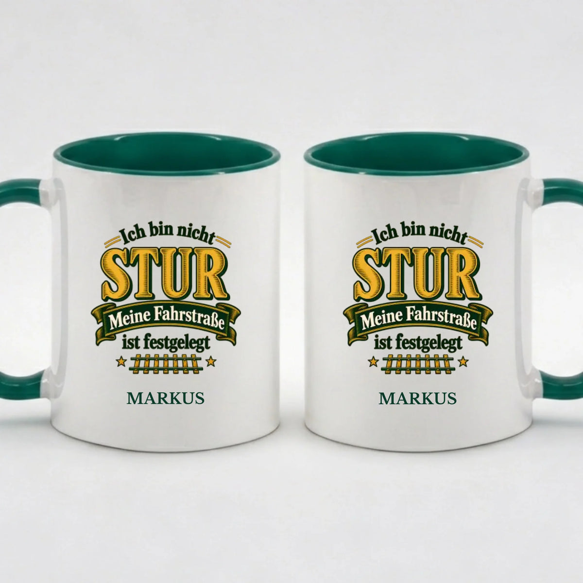 Two-Tone-Tasse „Ich bin nicht stur“ in Grün mit Name